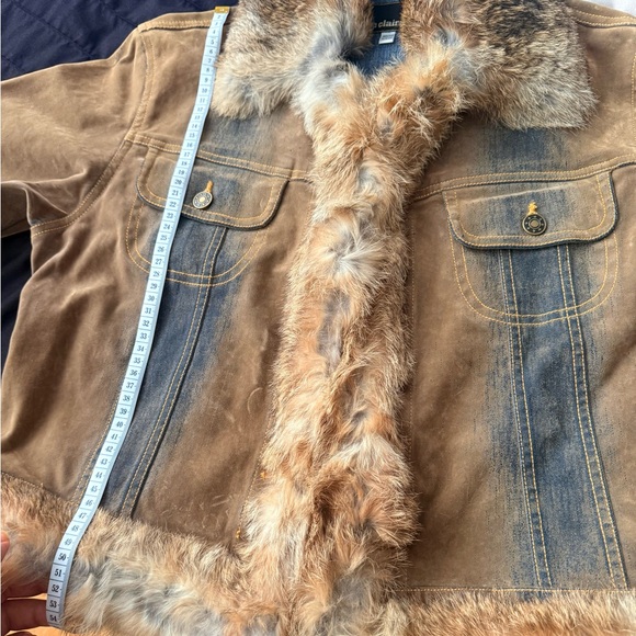 Marie Claire Jeans Tan/Blue Denim Jacket with Fur Cuffs Collar Trim size M - Picture 11 of 12